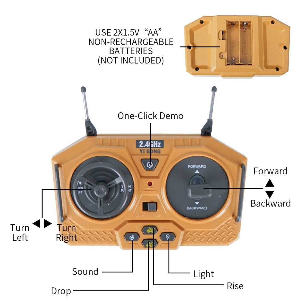 1048 1:24 Scale RC Dump Truck 9 Channel 2.4G Remote Control Construction Vehicle, 2.5KG Load Capacity