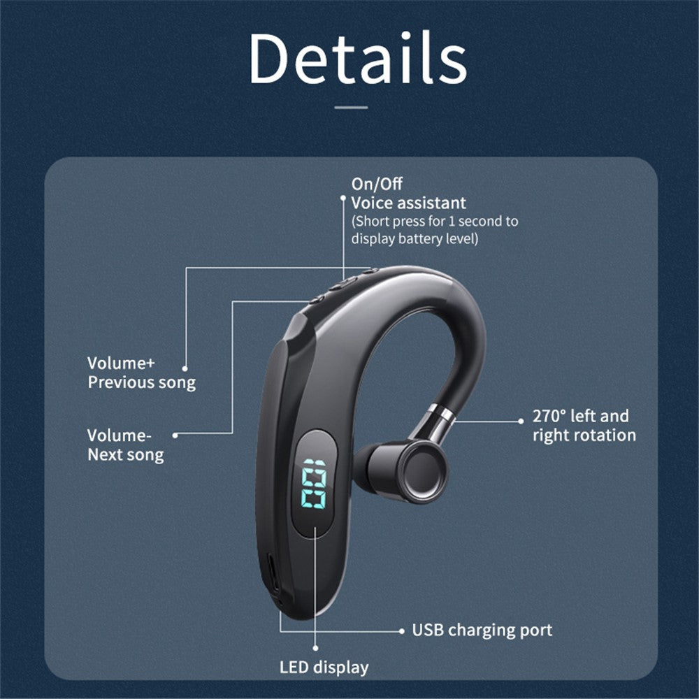 Q20 Wireless Bluetooth-compatible Headphones with LED Digital Display Single Ear Hook Earphones