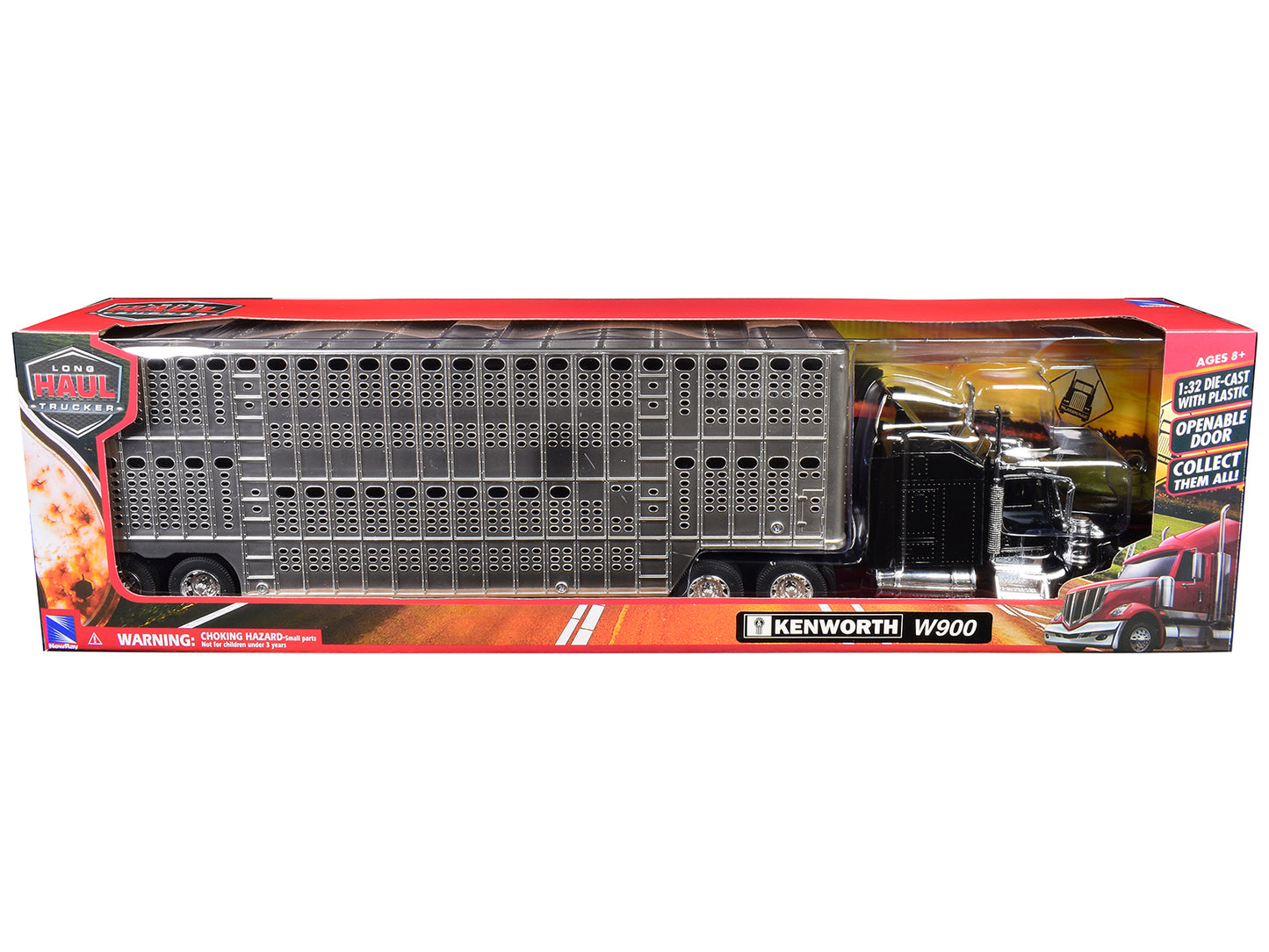 Kenworth W900 Truck Black with Pot Belly Livestock Chrome "Long Haul Truckers" Series 1/32 Diecast Model by New Ray