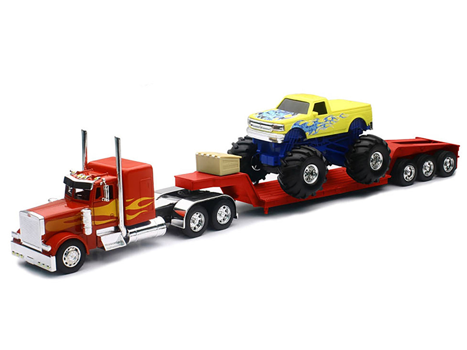 Peterbilt 379 Truck with Lowboy Trailer Red with Orange Flames and Monster Truck Yellow with Blue Flames "Long Haul Truckers" Series 1/32 Diecast Model by New Ray
