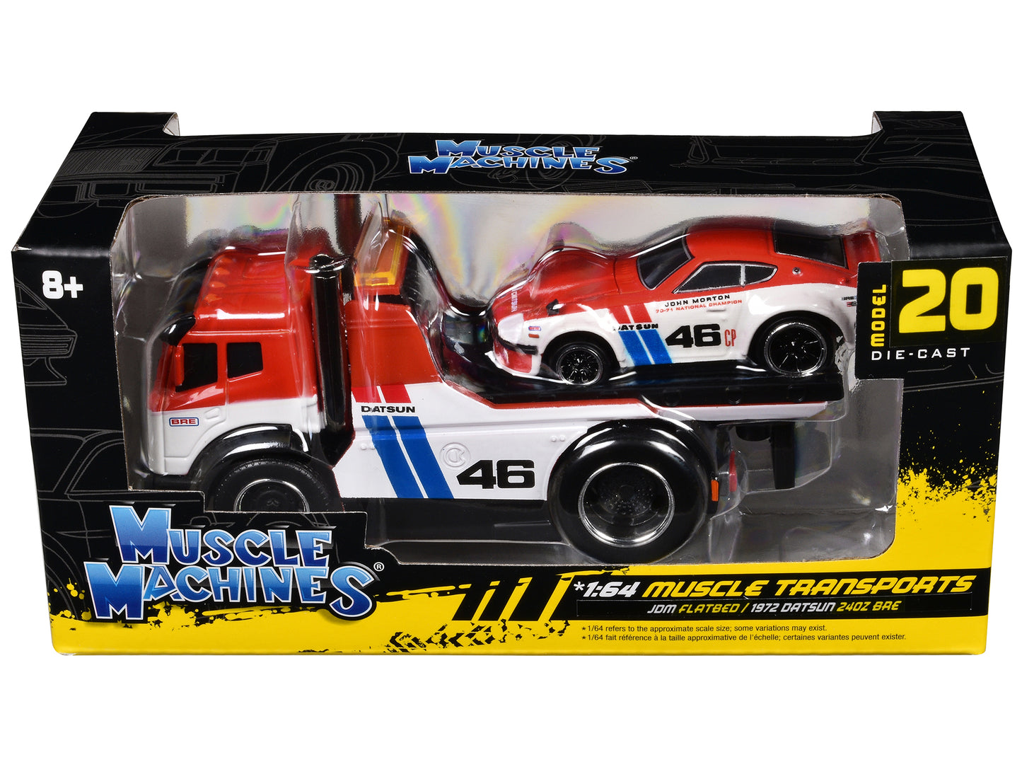JDM Flatbed Truck #46 Red and White with Blue Stripes and 1972 Datsun 240Z #46 Red and White with Blue Stripes "BRE" "Muscle Transports" Series 1/64 Diecast Models by Muscle Machines