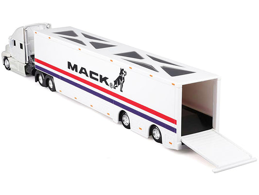 Mack Anthem Enclosed Car Transporter "Mack" White with Red and Blue Stripes "Custom Haulers" Series 1/64 Diecast Model by Maisto
