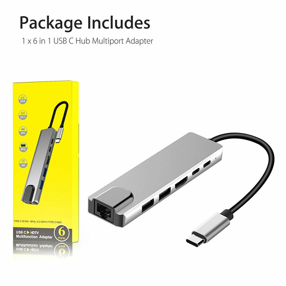6 in 1 USB Type-C Hub Adapter Dock with 4K HDMI PD RJ45 Ethernet Card Reader
