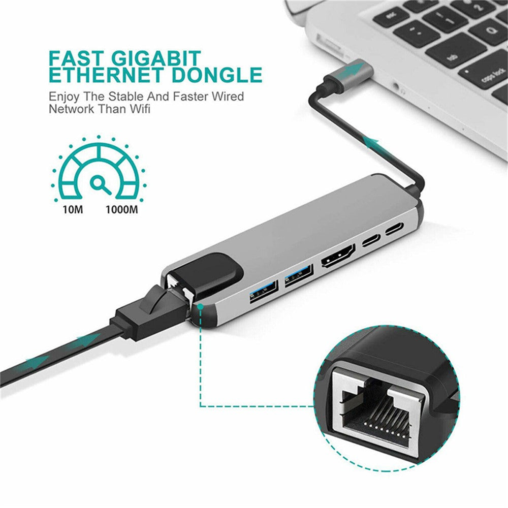 6 in 1 USB Type-C Hub Adapter Dock with 4K HDMI PD RJ45 Ethernet Card Reader