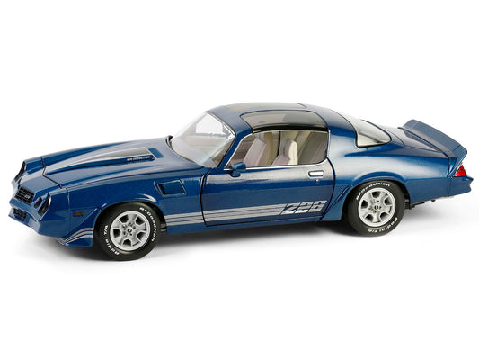 1980 Chevrolet Camaro Z28 with T-Tops Dark Blue Metallic with Stripes and Light Gray Interior 1/18 Diecast Model Car by Greenlight