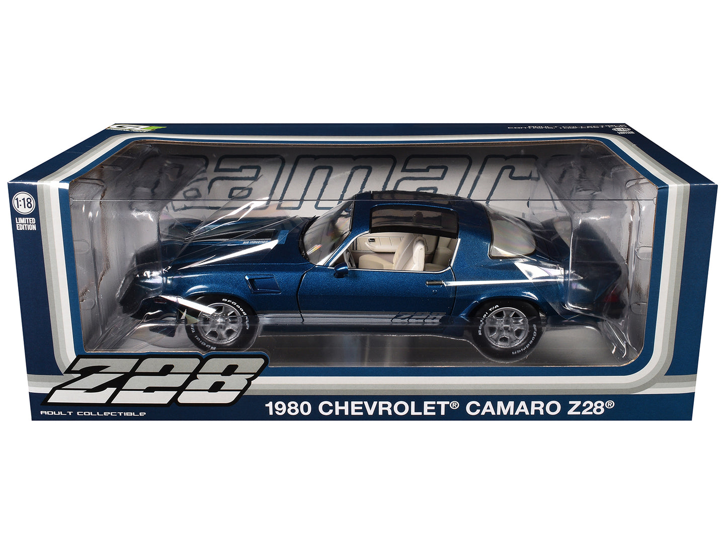 1980 Chevrolet Camaro Z28 with T-Tops Dark Blue Metallic with Stripes and Light Gray Interior 1/18 Diecast Model Car by Greenlight