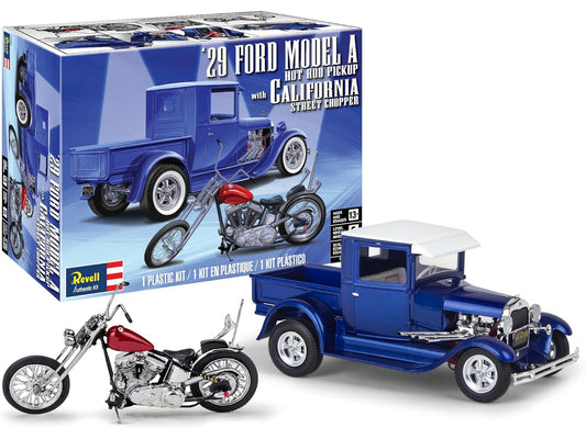 Level 5 Model Kit 1929 Ford Model A Hot Rod Pickup Truck and California Street Chopper Motorcycle 1/25 Scale Model by Revell