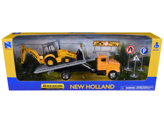 Peterbilt 335 Roll-Off Flatbed Truck and New Holland B110C Backhoe Loader with Street Signs "New Holland Construction" Diecast Models by New Ray