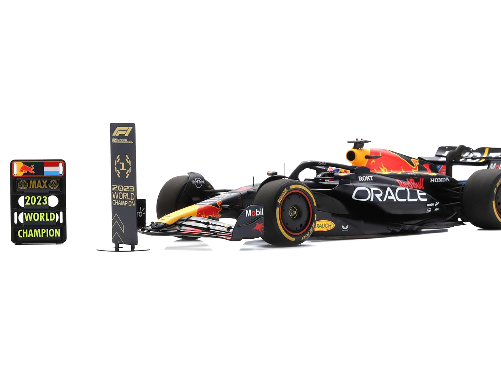 Red Bull Racing RB19 #1 Max Verstappen "Oracle" 2nd Place Formula One F1 "Qatar Sprint Race" (2023) with Number and Pit Board and Acrylic Display Case 1/18 Model Car by Spark
