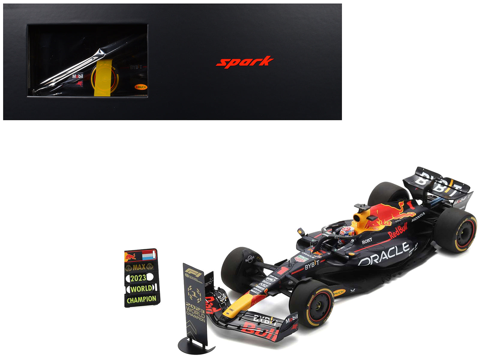 Red Bull Racing RB19 #1 Max Verstappen "Oracle" 2nd Place Formula One F1 "Qatar Sprint Race" (2023) with Number and Pit Board and Acrylic Display Case 1/18 Model Car by Spark