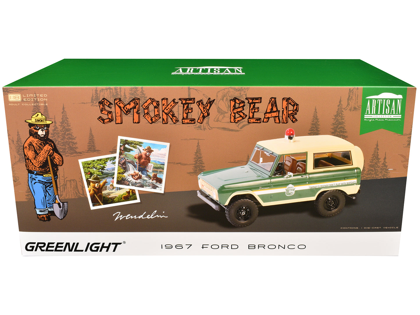 1967 Ford Bronco "Smokey Bear Forest Ranger" Green and Cream with White Stripes "Artisan Collection" 1/18 Diecast Model Car by Greenlight