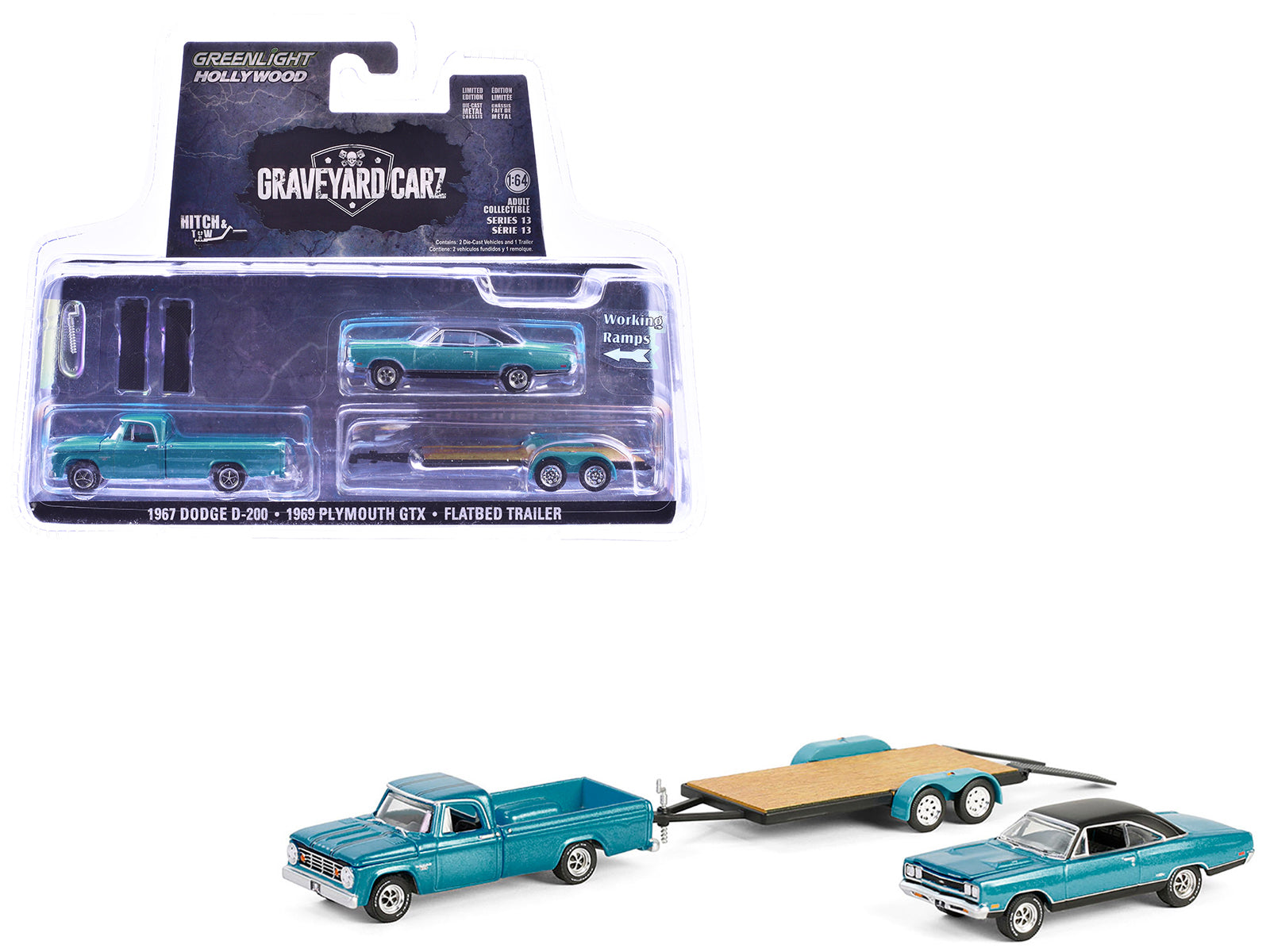 1969 Plymouth GTX Turquoise Metallic and 1967 Dodge D-200 Pickup Truck Turquoise Metallic with Flatbed Trailer "Graveyard Carz" (2012-Current) TV Series "Hollywood Hitch & Tow" Series 13 1/64 Diecast Model Cars by Greenlight