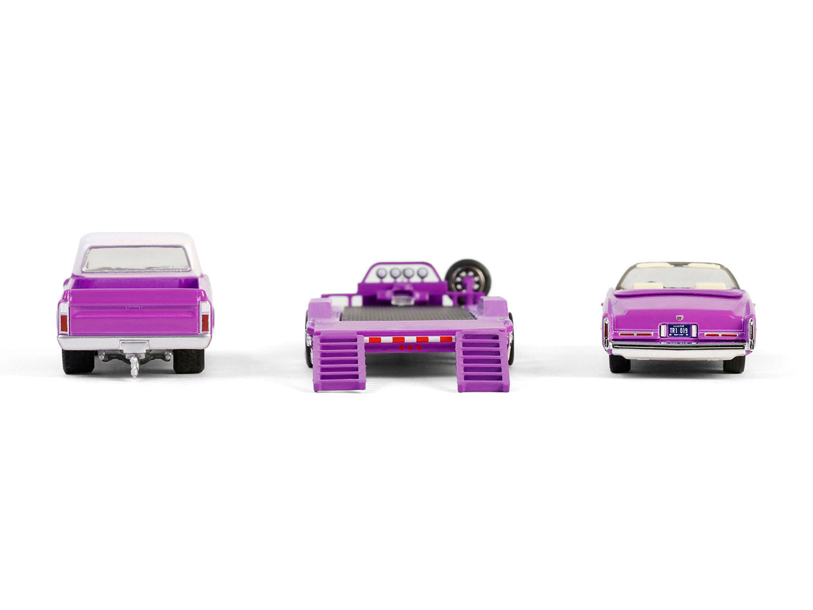 1974 Cadillac Eldorado Convertible Pink and 1972 Chevrolet C-30 Pickup Truck Pink with Heavy Duty Car Hauler "True Romance" (1993) Movie "Hollywood Hitch & Tow" Series 13 1/64 Diecast Model Cars by Greenlight