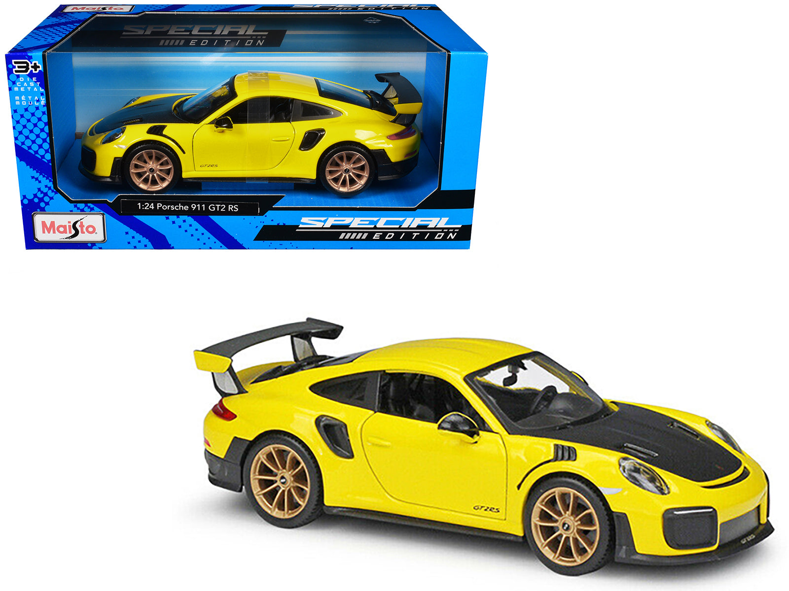 Porsche 911 GT2 RS Yellow with Carbon Hood and Gold Wheels "Special Edition" 1/24 Diecast Model Car by Maisto