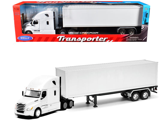 Freightliner Cascadia Truck White with White Container "Transporter" Series 1/32 Diecast Model by Welly