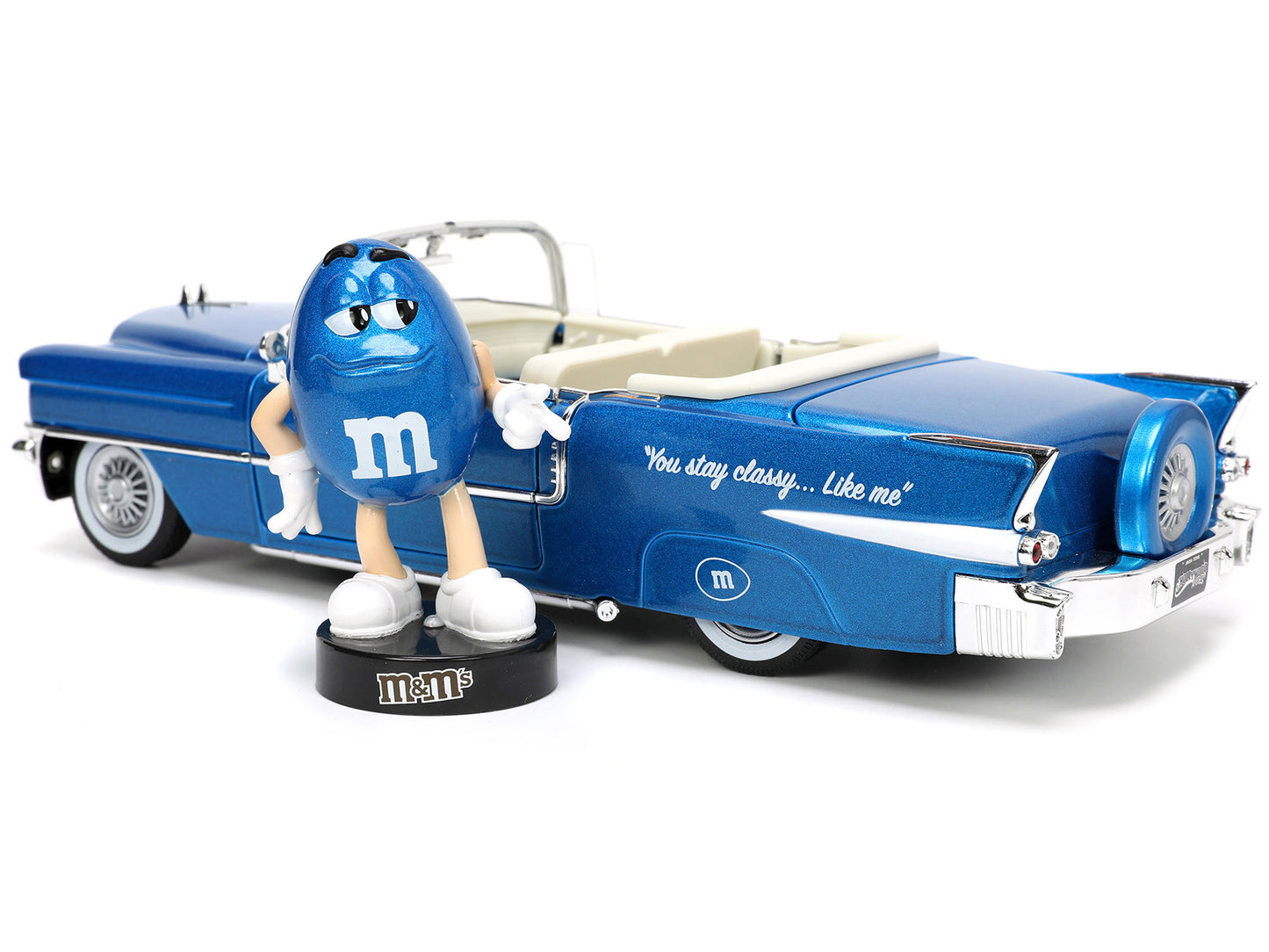 1956 Cadillac Eldorado Convertible Blue Metallic with Cream Interior "Stay Classy" and Blue M&M Diecast Figure "M&M's" "Hollywood Rides" Series 1/24 Diecast Model Car by Jada