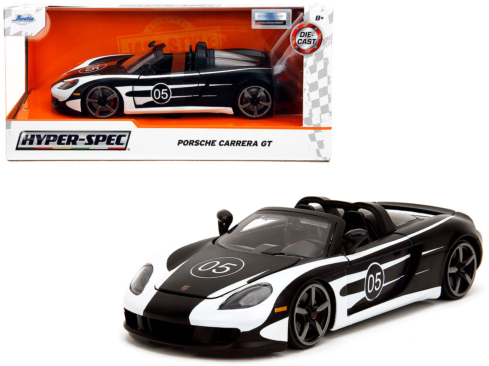 Porsche Carrera GT Convertible #05 Black with White Graphics "Hyper-Spec" Series 1/24 Diecast Model Car by Jada
