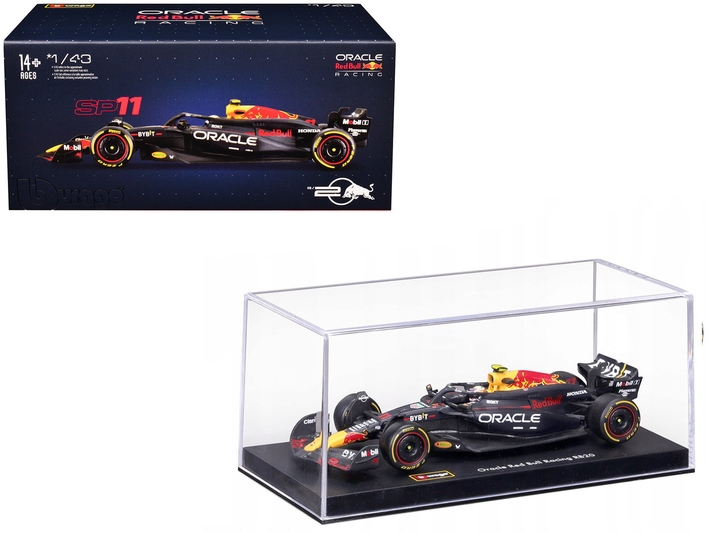 Red Bull Racing RB20 #11 Sergio Perez "Oracle" Formula One F1 World Championship (2024) with Driver Figure and Display Case "Race" Series 1/43 Diecast Model Car by Bburago