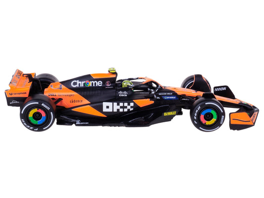 McLaren MCL38 #4 Lando Norris "OKX" Winner Formula One F1 "Miami GP" (2024) with Driver Figure and Display Case "Race" Series 1/43 Diecast Model Car by Bburago