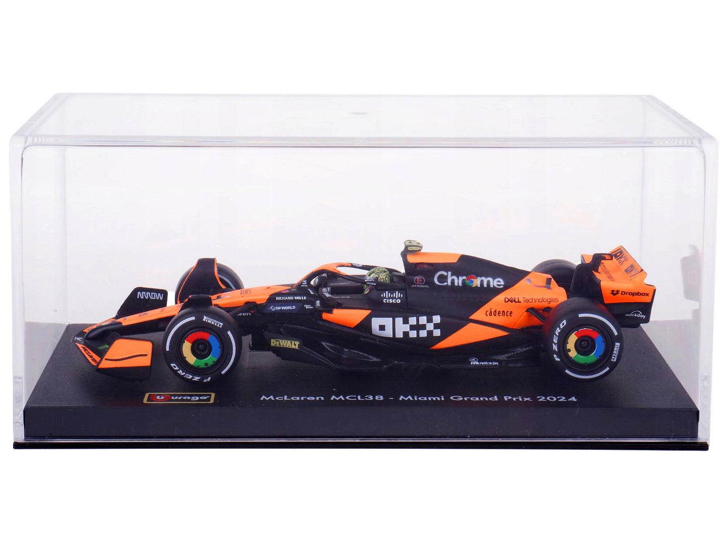McLaren MCL38 #4 Lando Norris "OKX" Winner Formula One F1 "Miami GP" (2024) with Driver Figure and Display Case "Race" Series 1/43 Diecast Model Car by Bburago