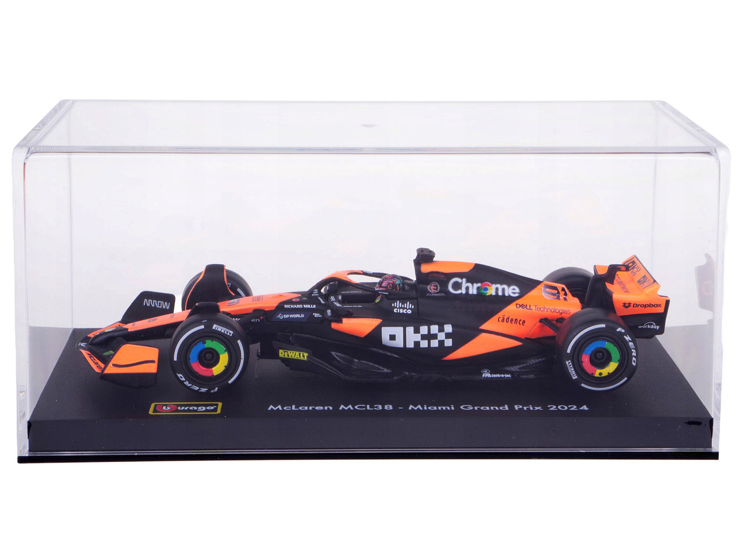 McLaren MCL38 #81 Oscar Piastri "OKX" Formula One F1 "Miami GP" (2024) with Driver Figure and Display Case "Race" Series 1/43 Diecast Model Car by Bburago