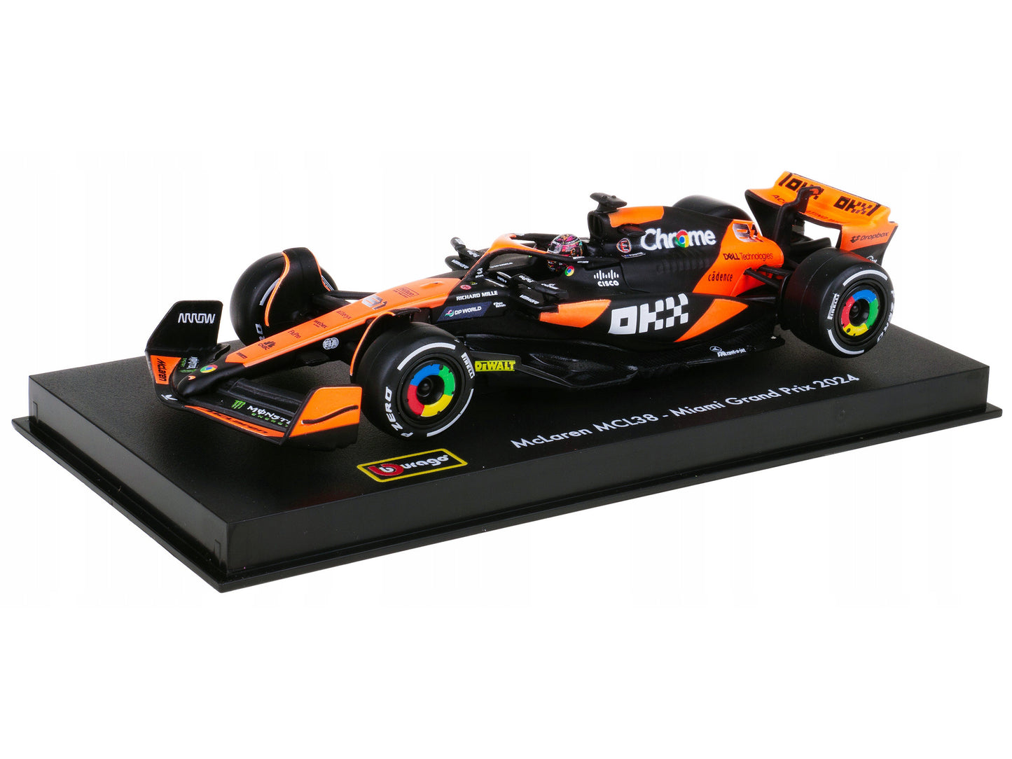 McLaren MCL38 #81 Oscar Piastri "OKX" Formula One F1 "Miami GP" (2024) with Driver Figure and Display Case "Race" Series 1/43 Diecast Model Car by Bburago