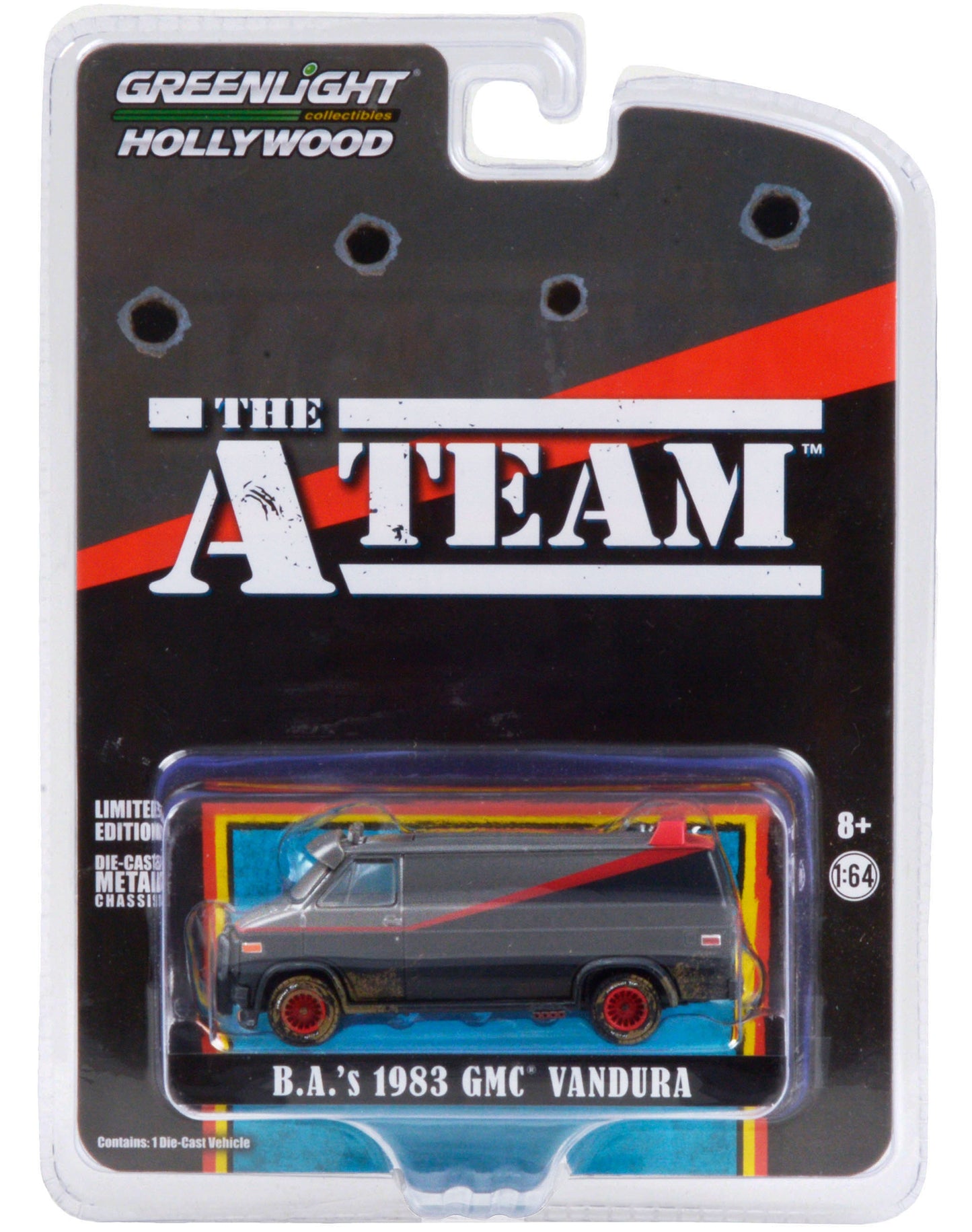 1983 GMC Vandura Van (B.A.'s) Black and Silver with Red Stripe (Dirty Version) "The A-Team" (1983-1987) TV Series "Hollywood Special Edition" 1/64 Diecast Model Car by Greenlight