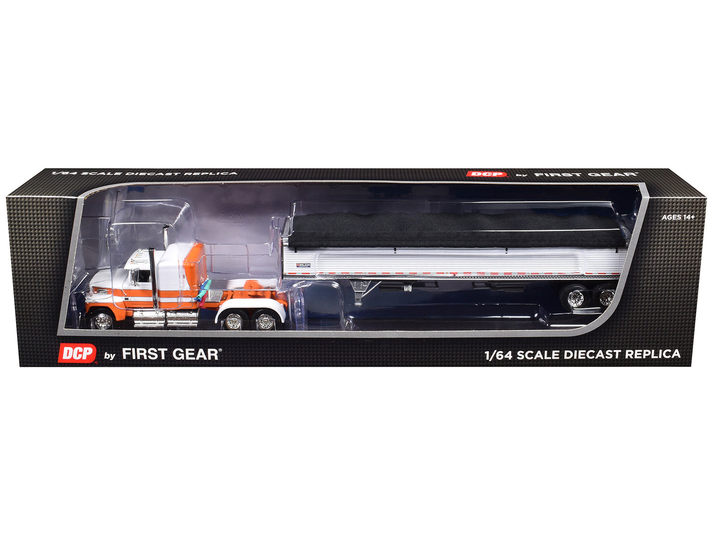 Ford LTL 9000 60" Aerodyne Sleeper with Wilson Pacesetter Grain Trailer Orange and White 1/64 Diecast Model by DCP/First Gear