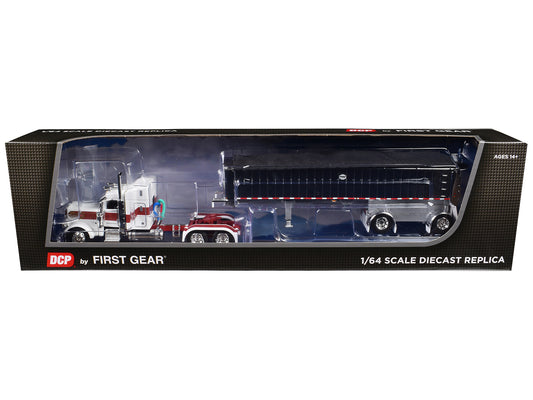 Peterbilt 389 with 48" Mid-Roof Sleeper and MAC Coal End Dump Trailer White with Red and Gold Stripes 1/64 Diecast Model by DCP/First Gear