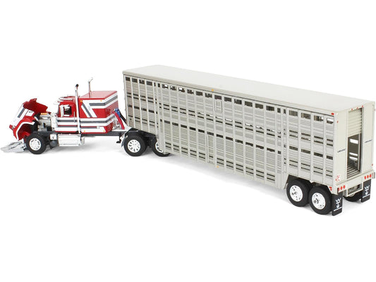 Mack Super-Liner with 60" Flat Top Sleeper and 45' Wilson Vintage Livestock Trailer Red with White and Gray Stripes 1/64 Diecast Model by DCP/First Gear