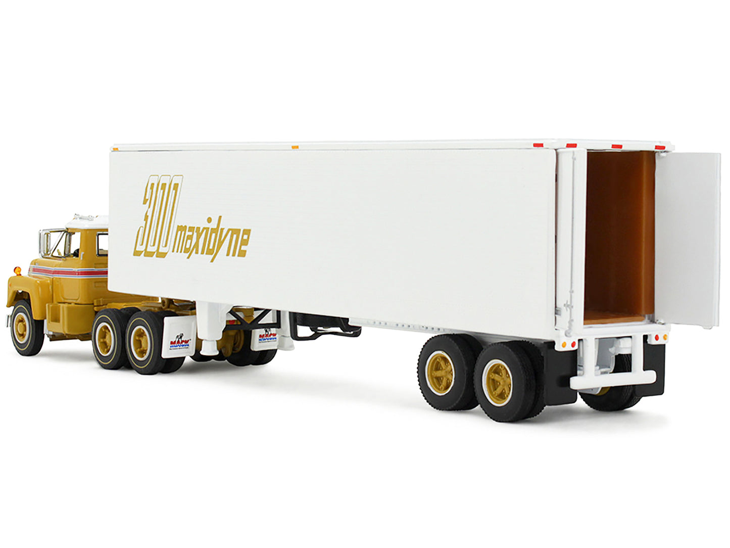 Mack R-Model Day Cab and 40' Vintage Trailer Yellow with Red Stripes and White Top "Mack Anniversary" 1/64 Diecast Model by DCP/First Gear
