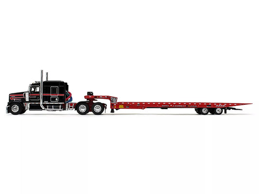 Kenworth W900L with 72" AeroCab Sleeper and Landoll 440B50CA Traveling Axle Trailer Black and Red 1/64 Diecast Model by DCP/First Gear