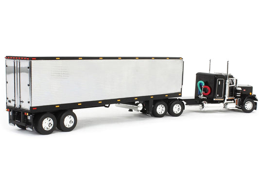 Peterbilt 359 with 36” Flat Top Sleeper and 40’ Vintage Refrigerated Trailer Black with Chrome 1/64 Diecast Model by DCP/First Gear