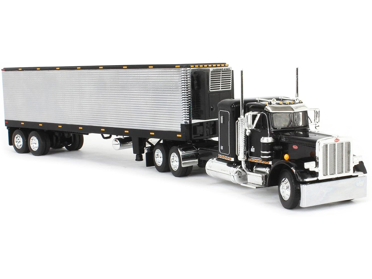 Peterbilt 359 with 36” Flat Top Sleeper and 40’ Vintage Refrigerated Trailer Black with Chrome 1/64 Diecast Model by DCP/First Gear