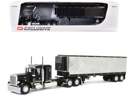 Peterbilt 359 with 36” Flat Top Sleeper and 40’ Vintage Refrigerated Trailer Black with Chrome 1/64 Diecast Model by DCP/First Gear
