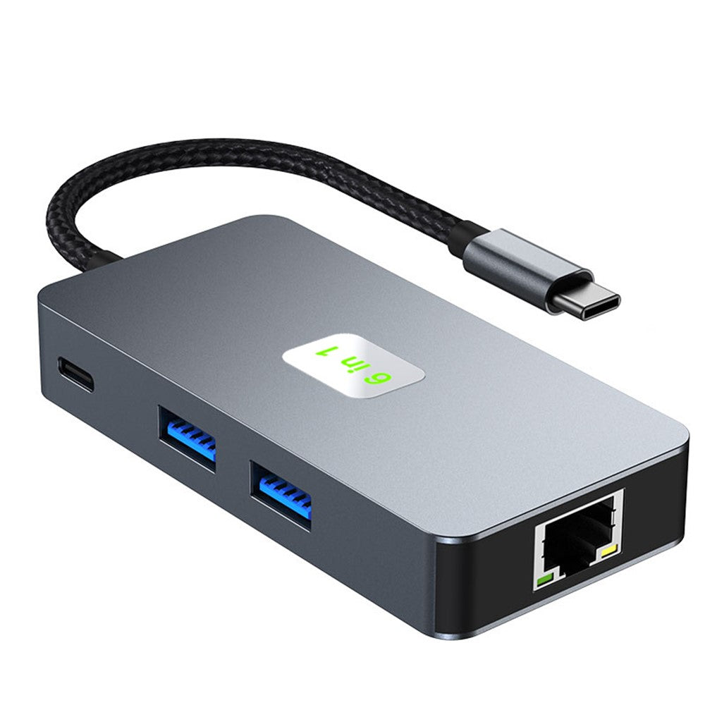 2308 6-in-1 USB Hub Type-C to RJ45 Gigabit + USB3.2x3 + 4K 60Hz HD + PD 100W Type-C Adapter