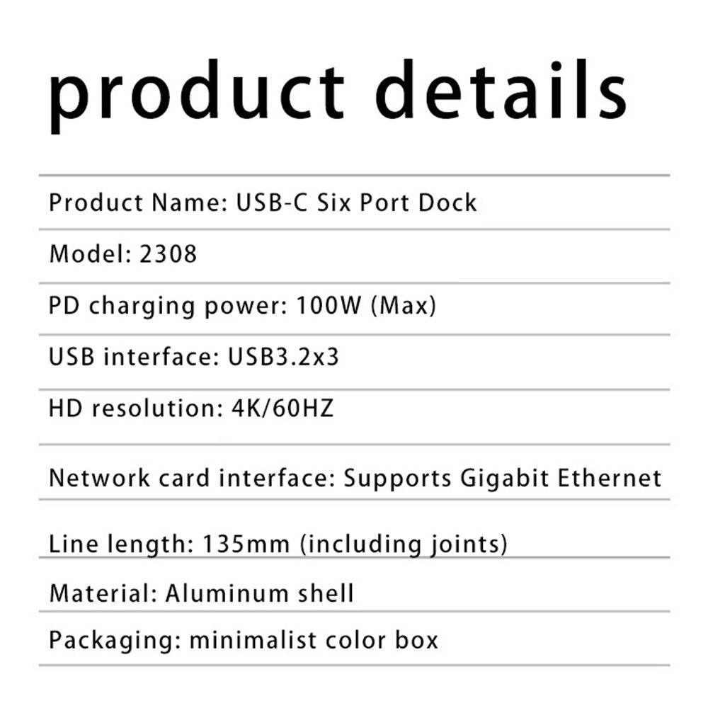 2308 6-in-1 USB Hub Type-C to RJ45 Gigabit + USB3.2x3 + 4K 60Hz HD + PD 100W Type-C Adapter
