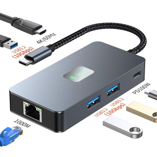 2308 6-in-1 USB Hub Type-C to RJ45 Gigabit + USB3.2x3 + 4K 60Hz HD + PD 100W Type-C Adapter