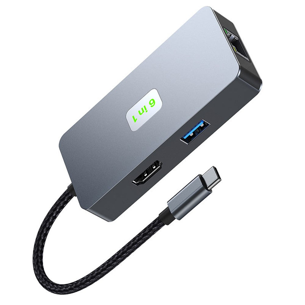 2308 6-in-1 USB Hub Type-C to RJ45 Gigabit + USB3.2x3 + 4K 60Hz HD + PD 100W Type-C Adapter
