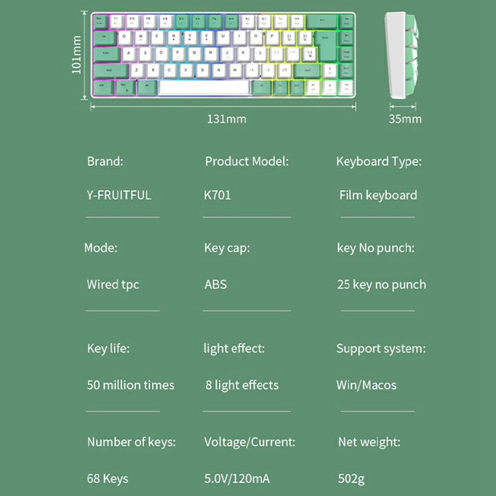Y-FRUITFUL K701 68 Keys Wired Keyboard with RGB Light Mechanical Gaming Keyboard