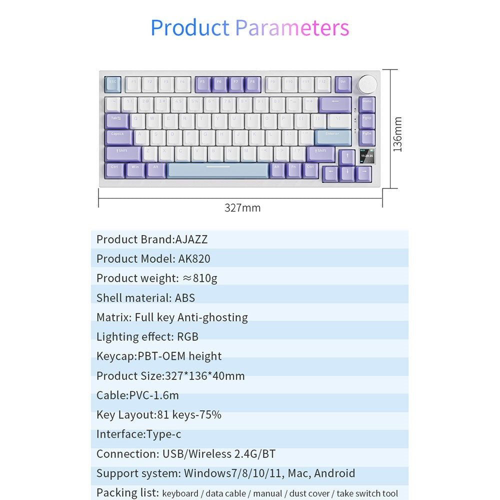 AJAZZ AK820pro Wireless Mechanical Keyboard Bluetooth-compatible Tri-Mode with Flying Fish Switches 81 Keys RGB Backlit Keyboard