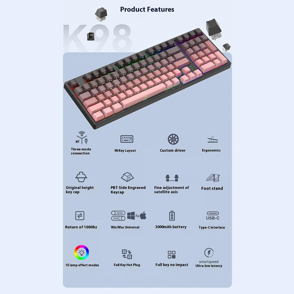 Y-FRUITFUL K98Pro 98 Keys Mechanical Keyboard Triple Mode Hot Swappable Gaming Keyboard with RGB Backlit