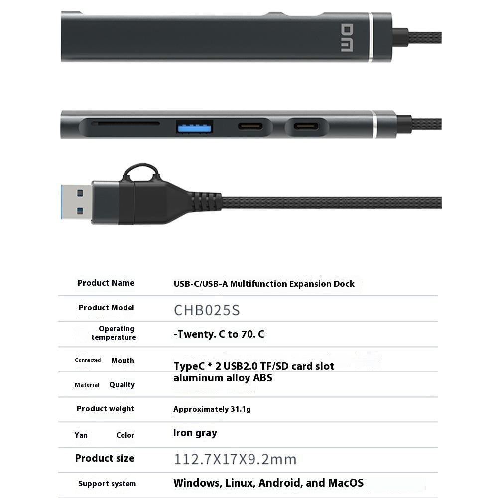 CHB025S USB-C Hub USB-A Multiport Docking Station with USB 2.0, 2xUSB-C SD / TF Card Reader for Laptop / PC