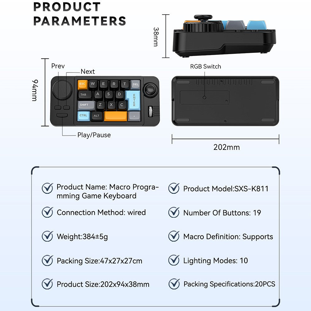 K811 19 Keys Wired Gaming Keyboard Macro Programmable Mechanical Keyboard with RGB Backlit