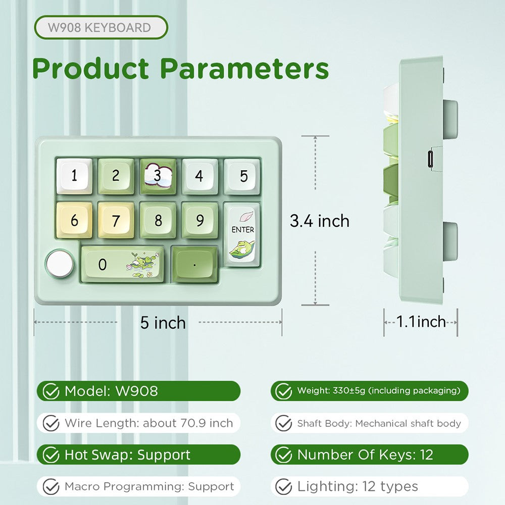 MKESPN W908 2.4GHz Wireless / Wired / Bluetooth-Compatible Mechanical Mini Keyboard Programmable RGB Backlit 12-Key Numpad