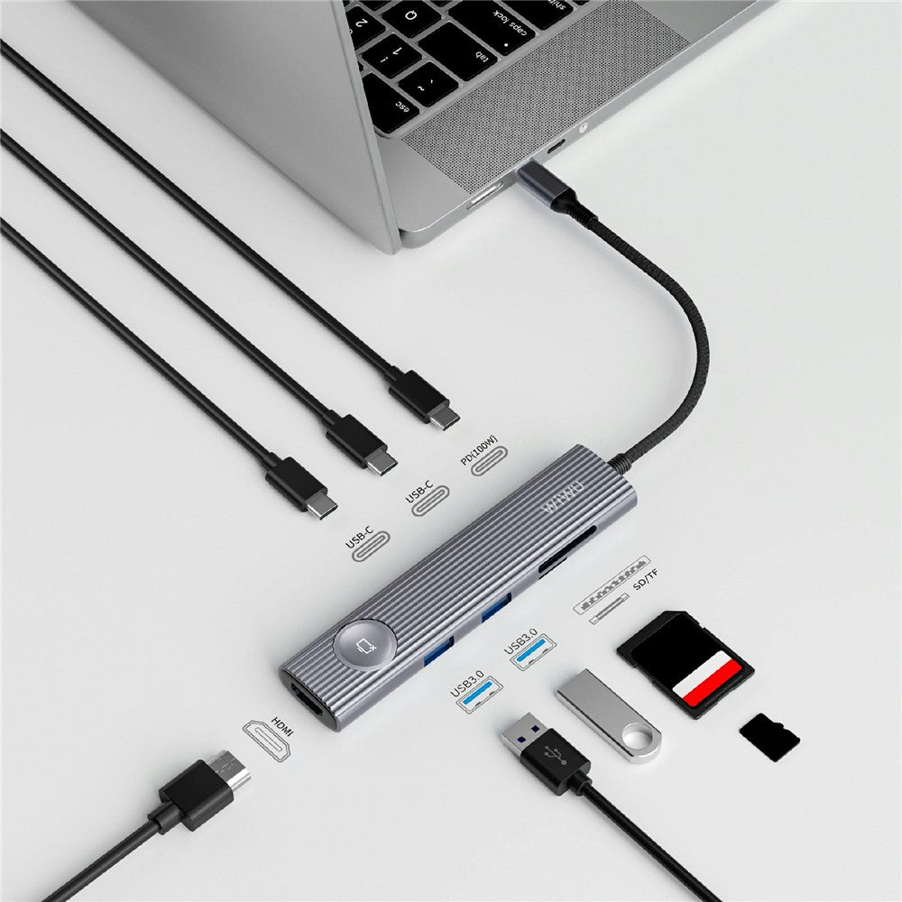 WIWU Wi-HB001 For Laptop 8 in 1 Type C Hub USB 3.0 PD 100W Fast Charging SD TF Card Reader with Screen Lock Button