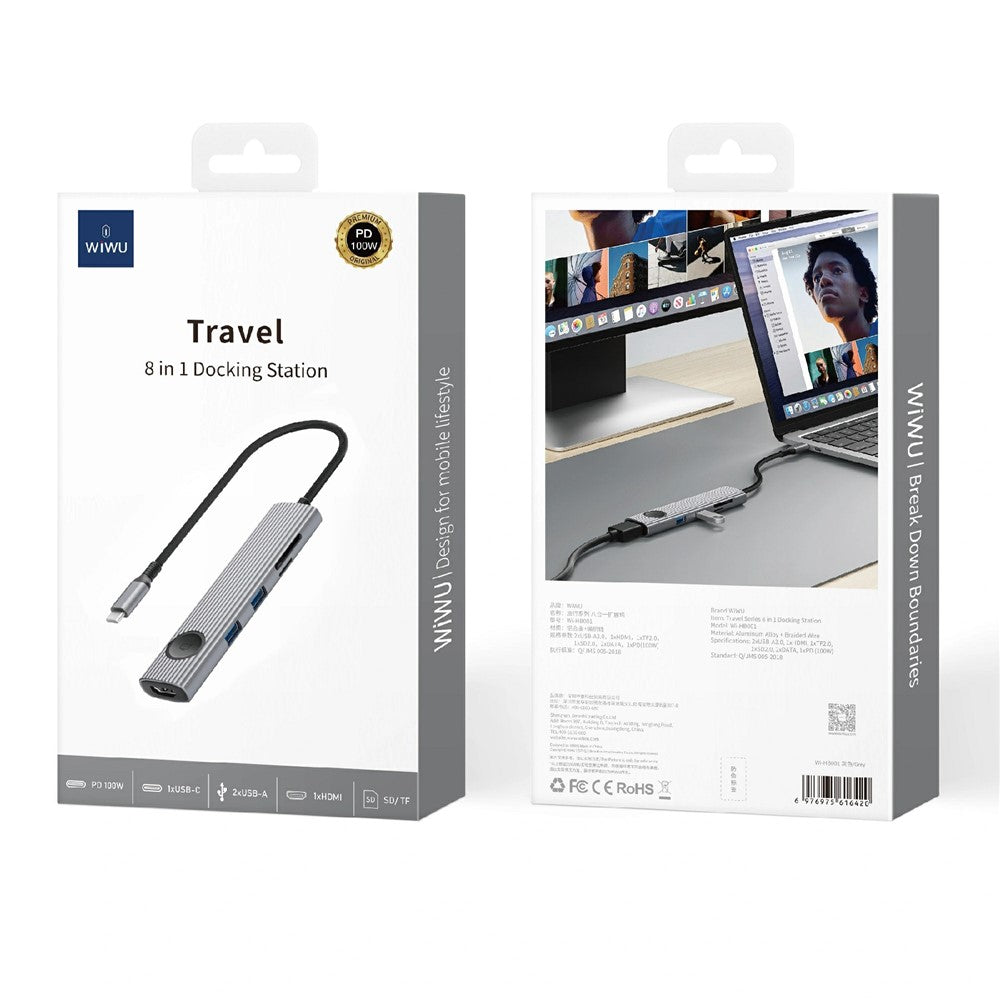 WIWU Wi-HB001 For Laptop 8 in 1 Type C Hub USB 3.0 PD 100W Fast Charging SD TF Card Reader with Screen Lock Button