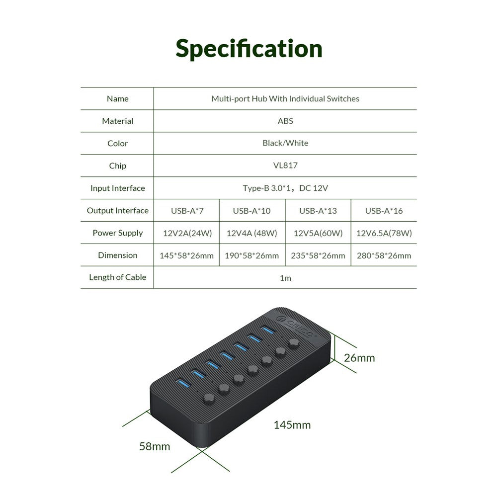 ORICO CT2U3-10AB ABS Multi-port USB3.0 HUB with Individual Switches