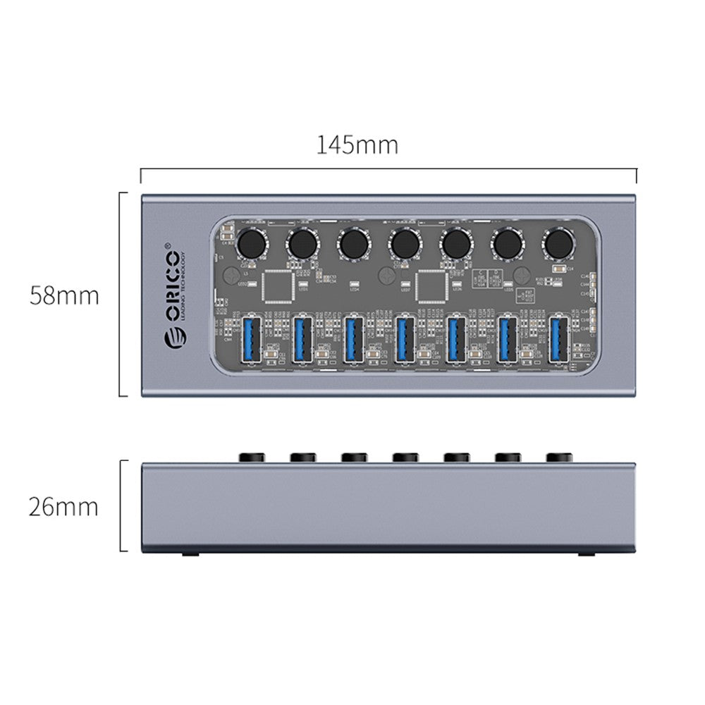ORICO AT2U3-7AB Aluminum Alloy + PC USB3.0 Multi-port HUB with Individual Switches