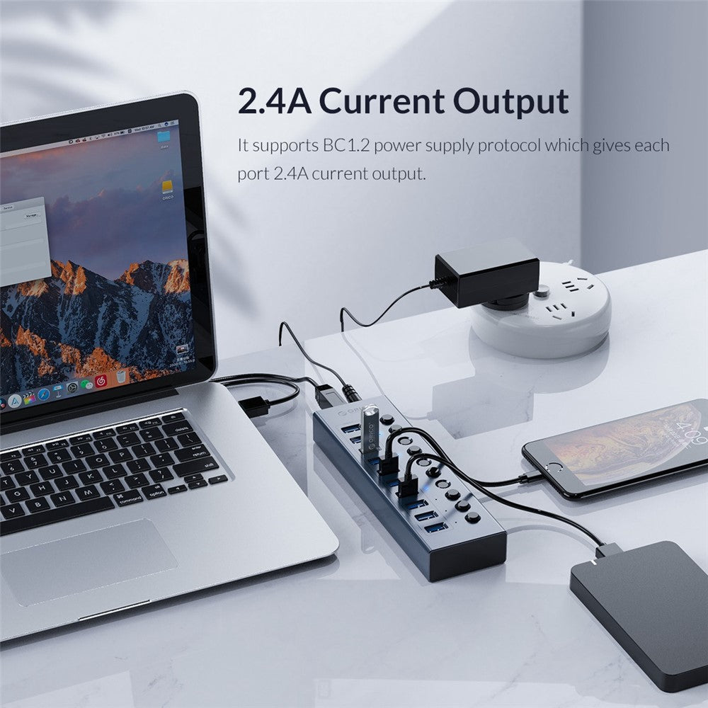 ORICO BT2U3-10AB Aluminum Alloy 10 Port USB3.0 5Gbps Data Transmission USB Hub Charging Splitter with Individual Switches